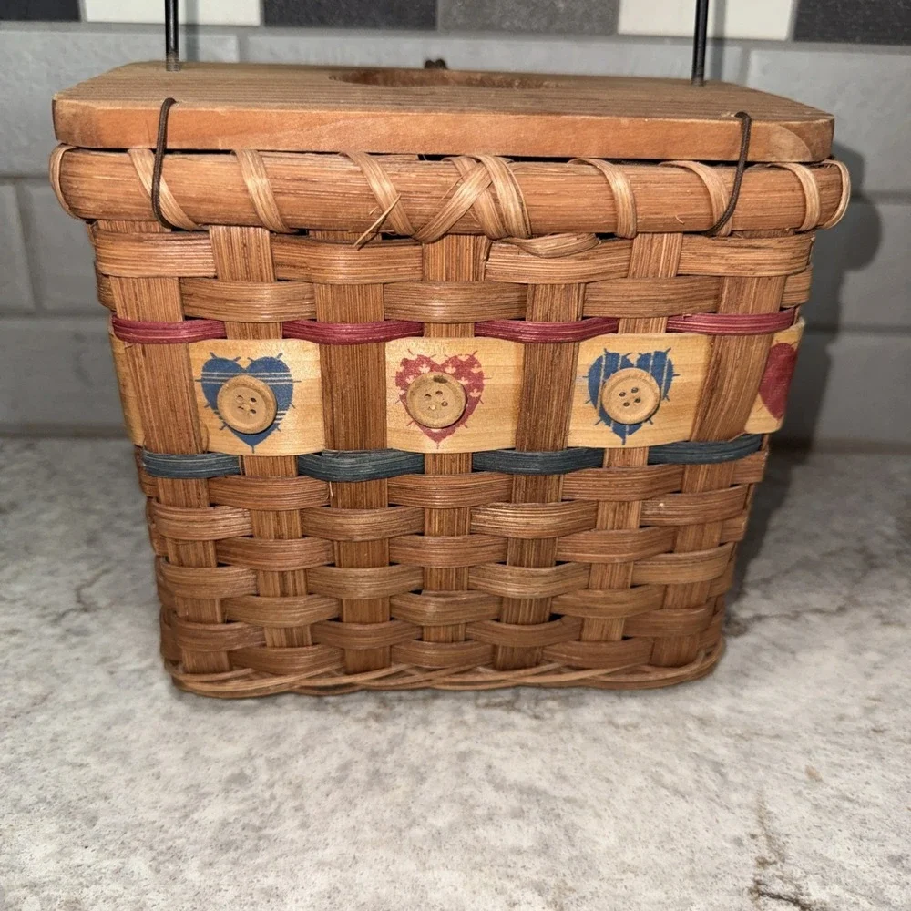 Vintage Tissue Box Basket Heart Cut Out Lid Primitive Cottage granny Core Handle